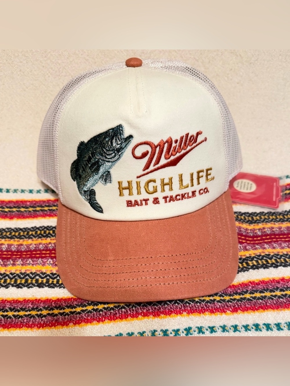 American Needle Miller High Life Mesh Cap Ivory/Salmon Red Snap One Size NEW